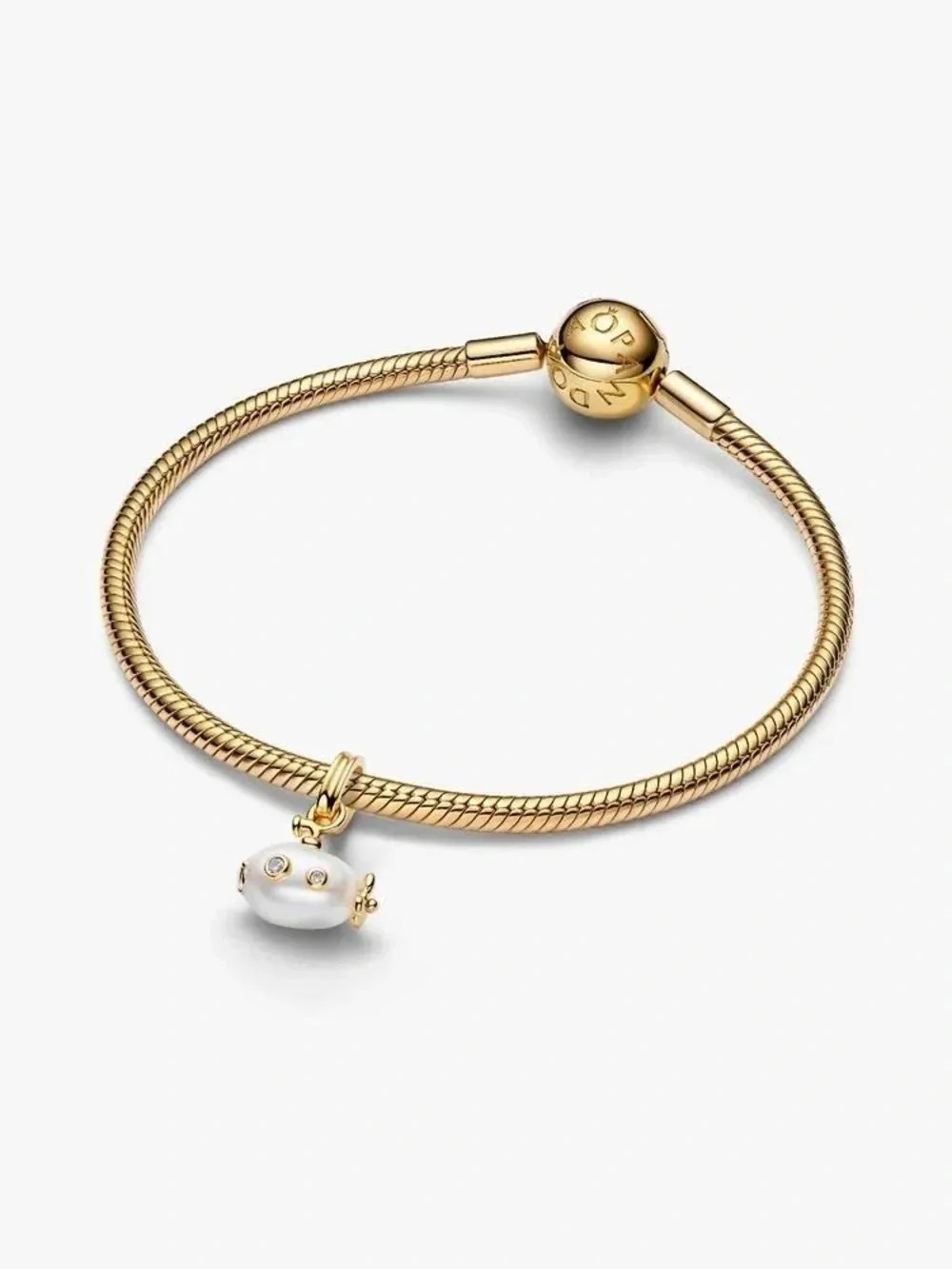 Pandora Gold Snake Chain Bracelet with White Pearl Charm
